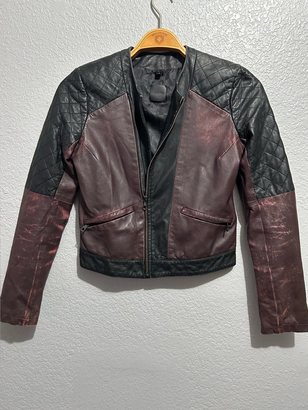 Joe's Jeans Black and Burgundy Quilted Moto Leather Jacket